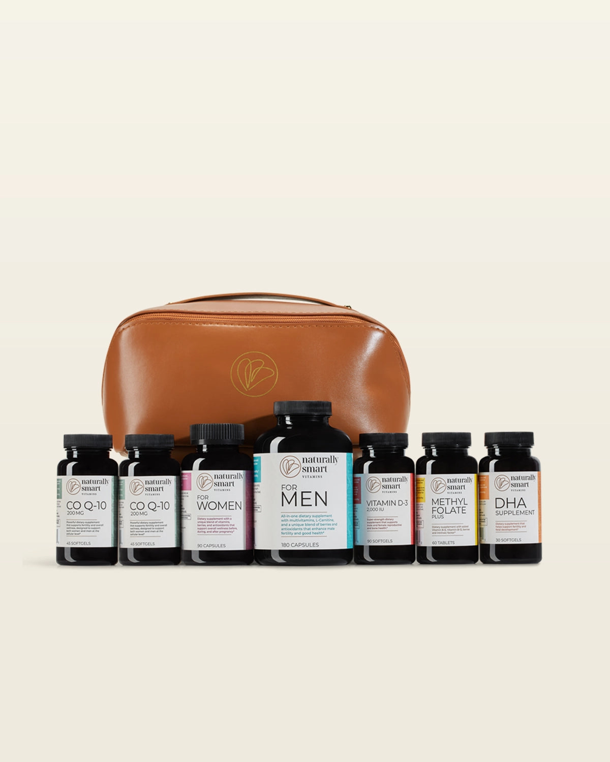 Set of supplement bottles for both men and women with a brown leather case on a beige background
