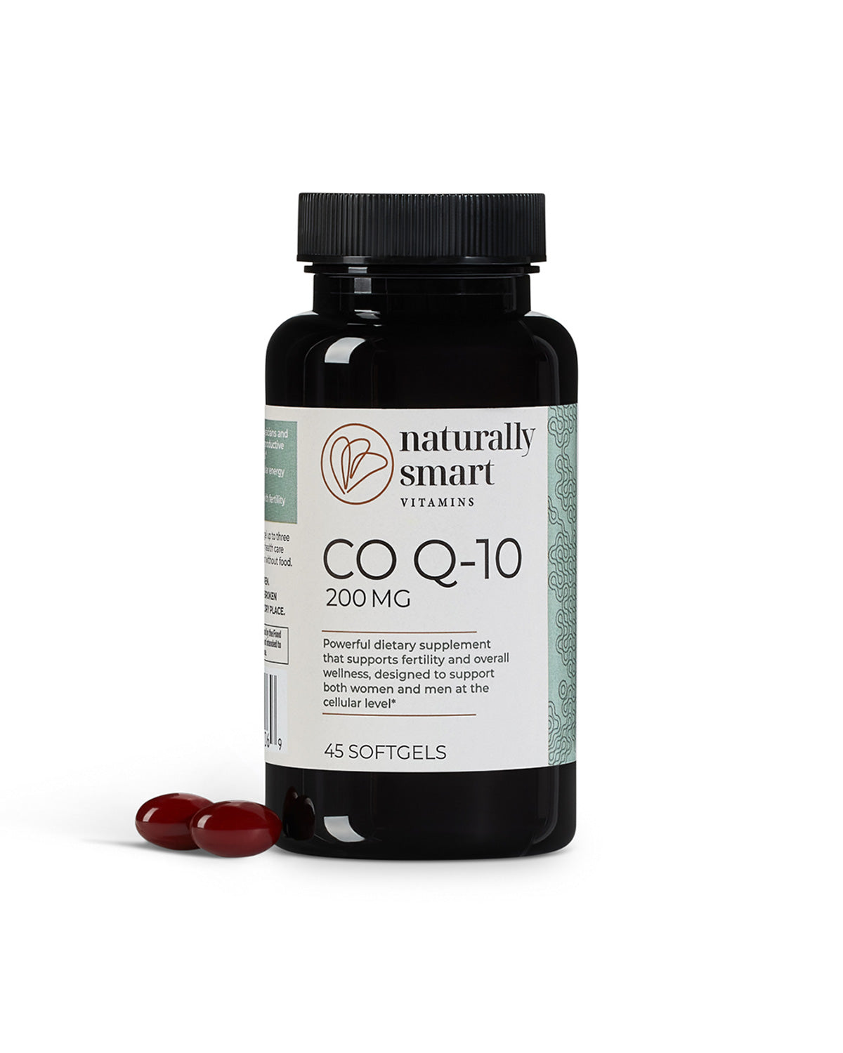 Front side view of the bottle of naturally smart Co Q10 showcasing two softgels side by side.