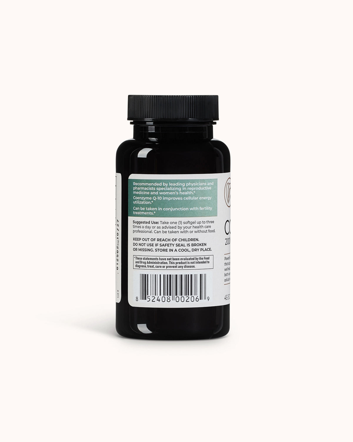 Bottle of naturally smart CO Q10 showcasing the side of the bottle of suggested use.