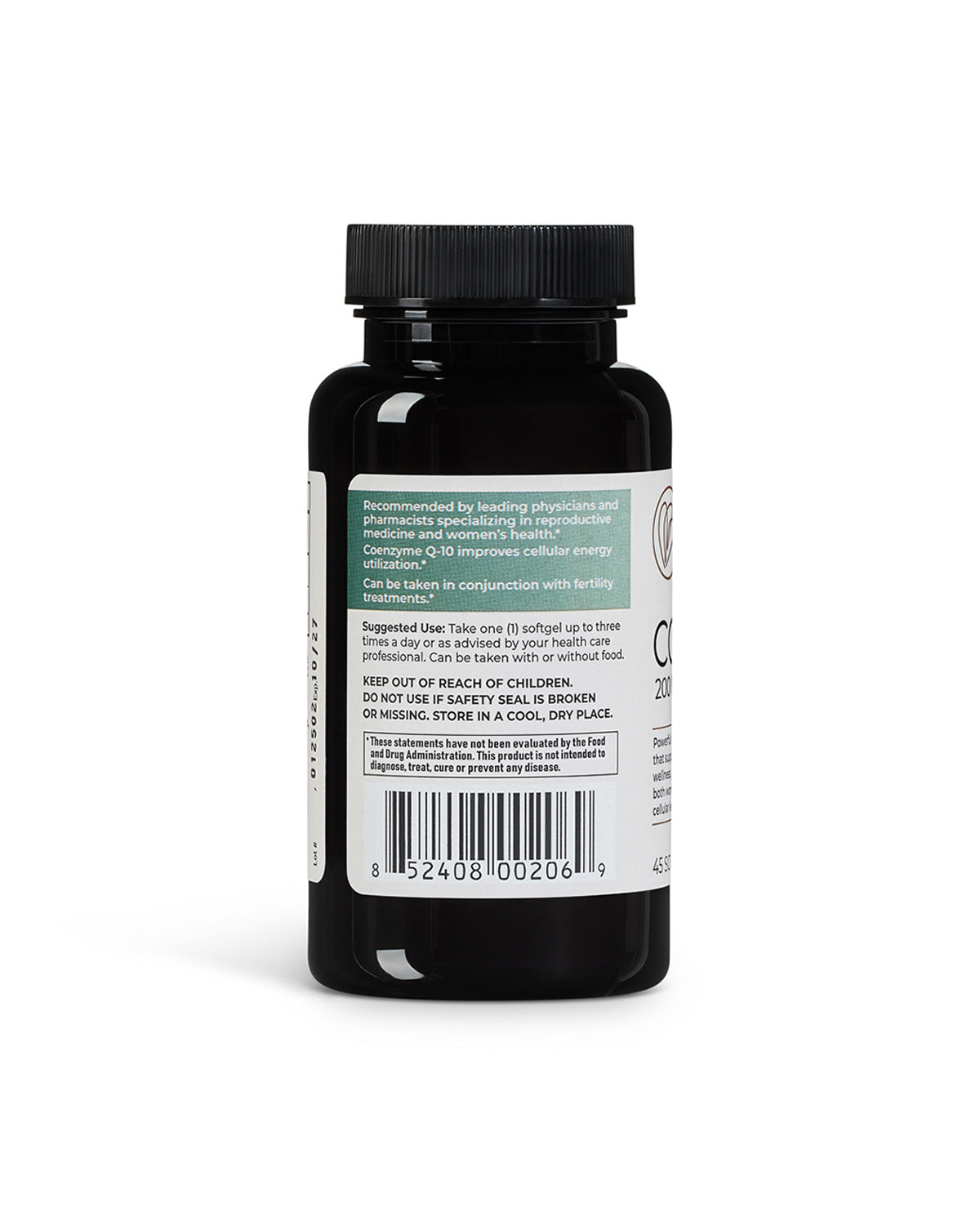 Bottle of naturally smart CO Q10 showcasing the side of the bottle of suggested use.