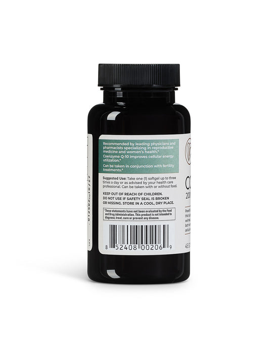 Bottle of naturally smart CO Q10 showcasing the side of the bottle of suggested use.
