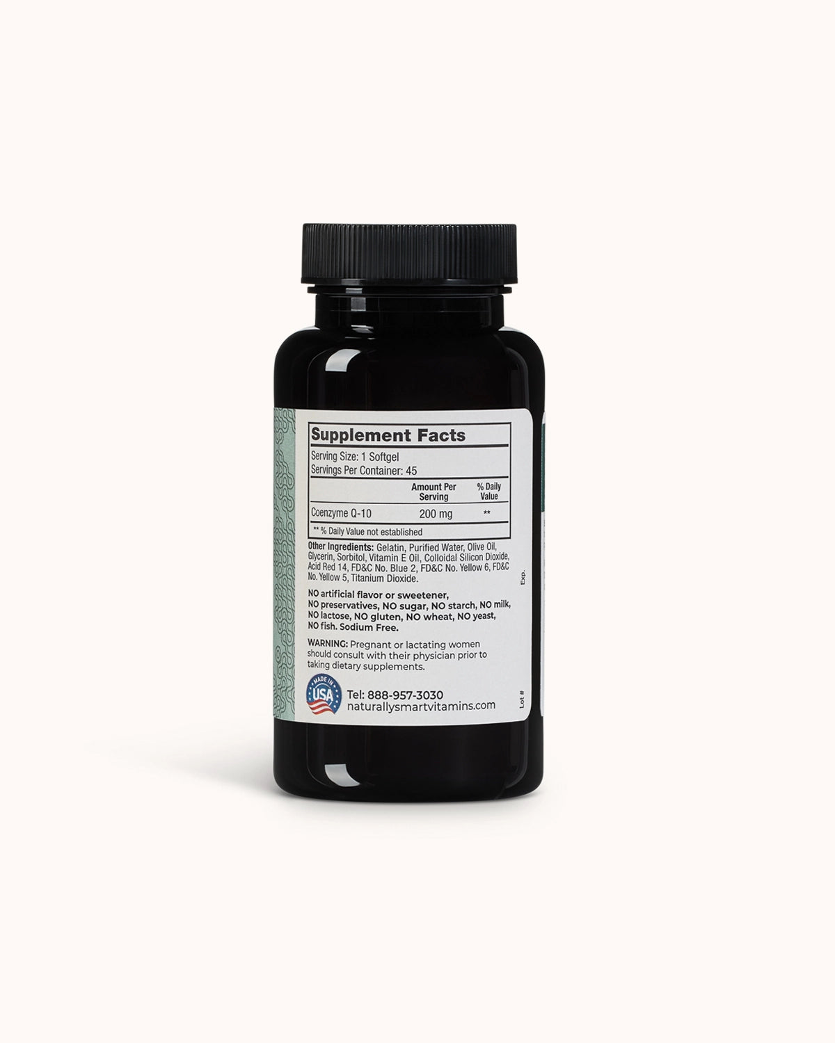 Bottle of naturally smart CO Q10 showcasing the supplement facts label.