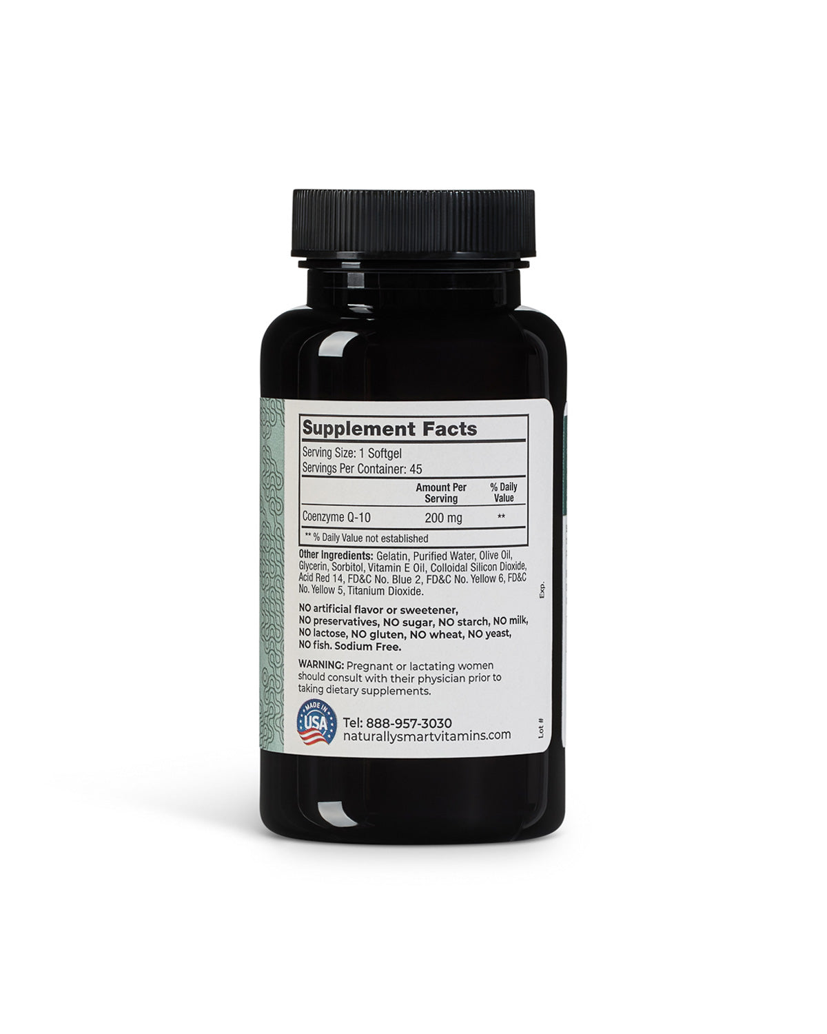 Bottle of naturally smart Co Q10 showcasing the supplement facts label.