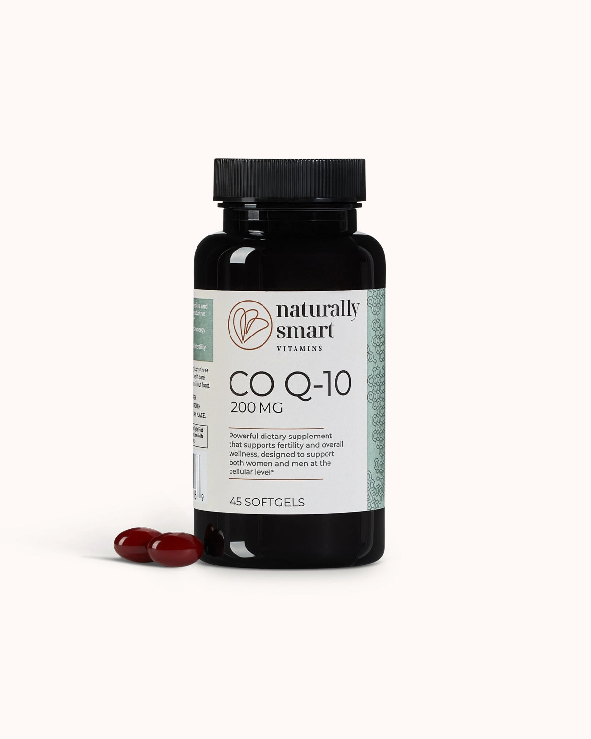 Front side view of the bottle of naturally smart CO Q10 showcasing two softgels side by side.