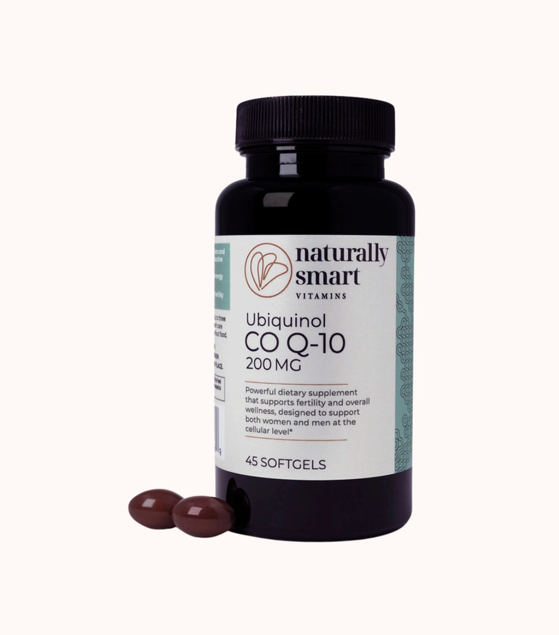 Front side view of the bottle of naturally smart CO Q10 showcasing two softgels side by side.