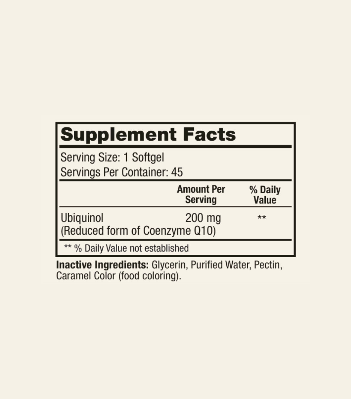 Supplement facts label for Ubiquinol 200mg with inactive ingredients and additional information.