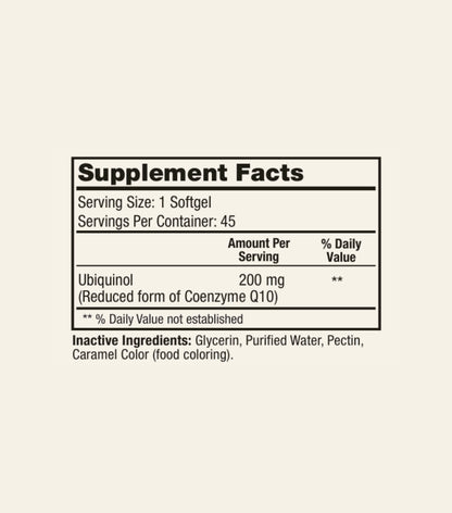 Supplement facts label for Ubiquinol 200mg with inactive ingredients and additional information.