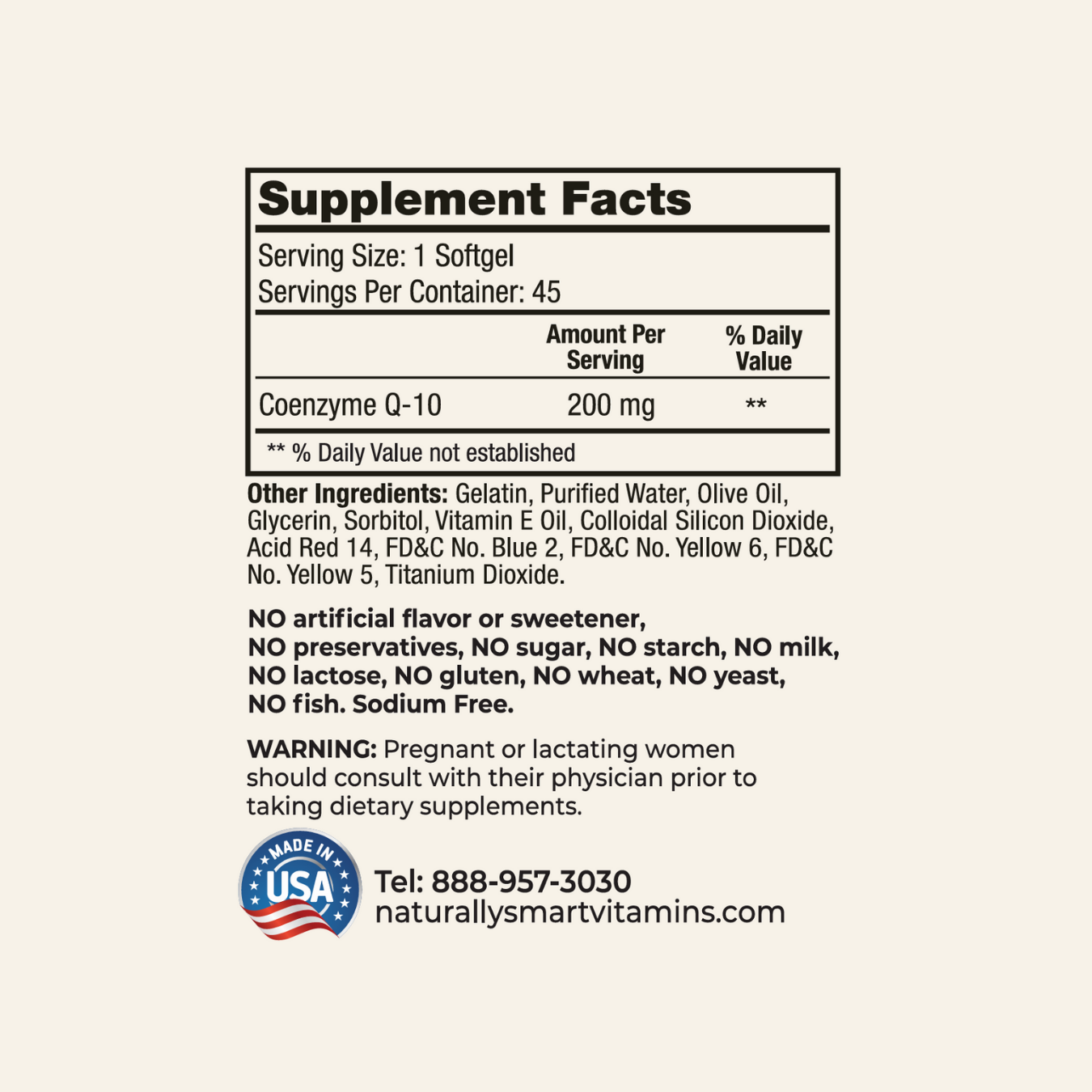 Naturally Smart CO Q10 supplement facts label with detailed nutritional information on a white background.