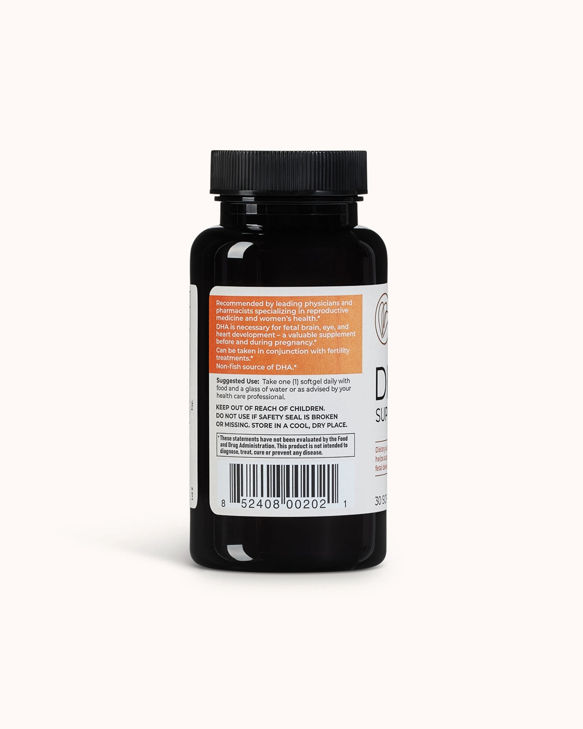 Bottle of naturally smart DHA showcasing the side of the bottle of suggested use.
