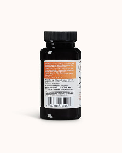 Bottle of naturally smart DHA showcasing the side of the bottle of suggested use.