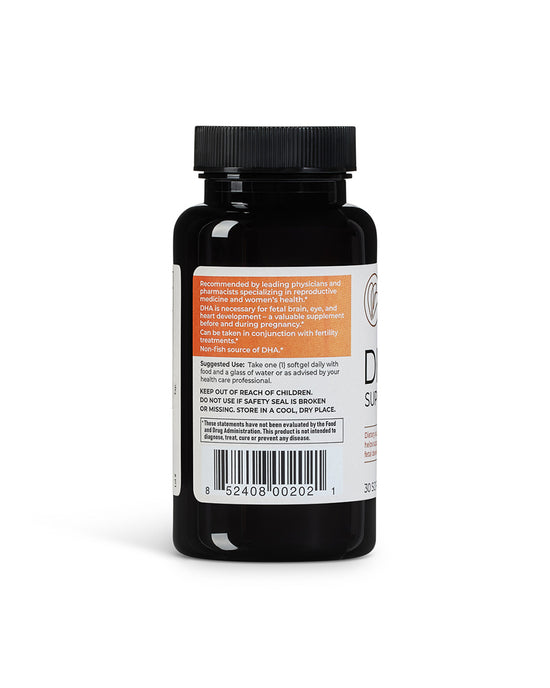 Bottle of naturally smart DHA showcasing the side of the bottle of suggested use.