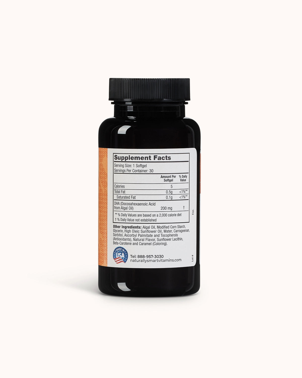 Bottle of naturally smart DHA showcasing the supplement facts label.