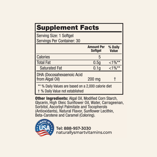 Naturally Smart DHA supplement facts label with detailed nutritional information on a white background.