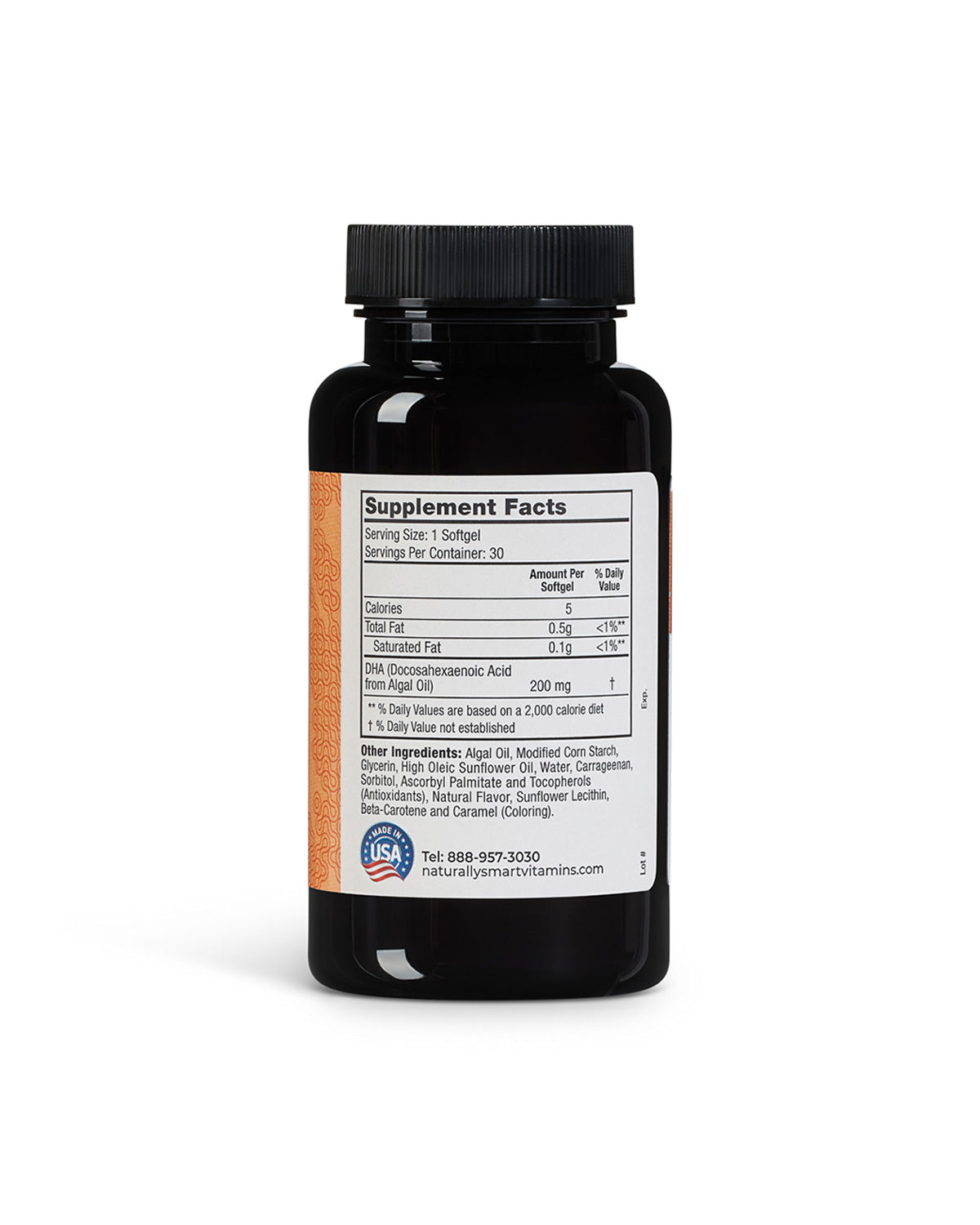 Bottle of naturally smart DHA showcasing the supplement facts label.