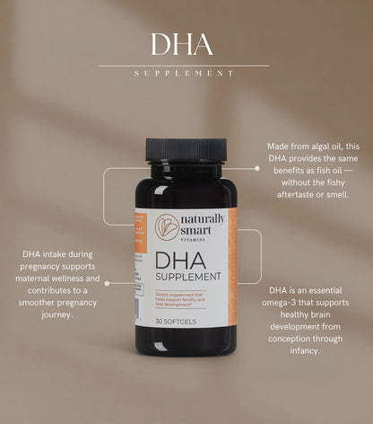 DHA supplement bottle with text on a brown background