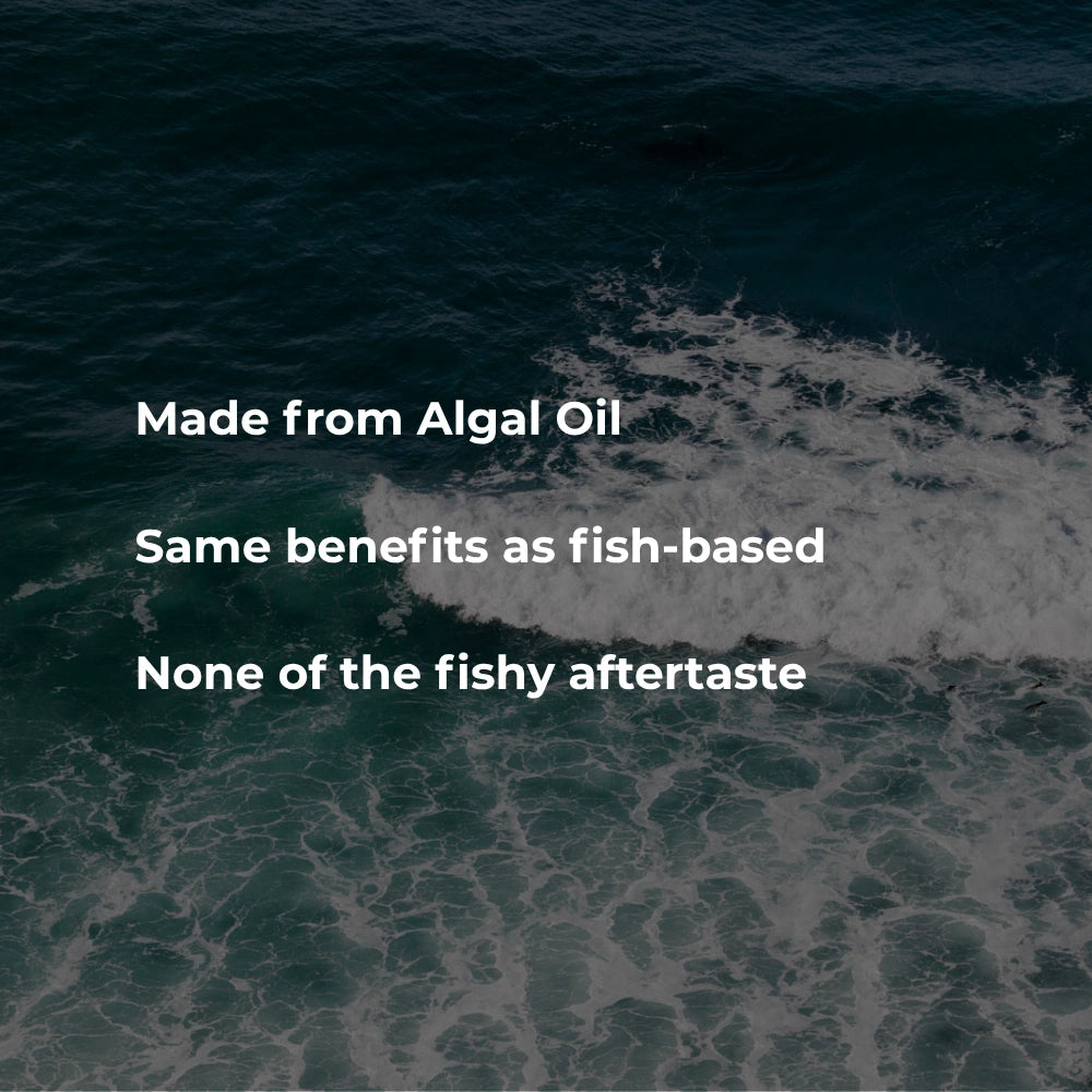 Dark ocean water with white sea foam and overlaid white text reading: 'Made from Algal Oil', 'Same benefits as fish-based', and 'None of the fishy aftertaste'.