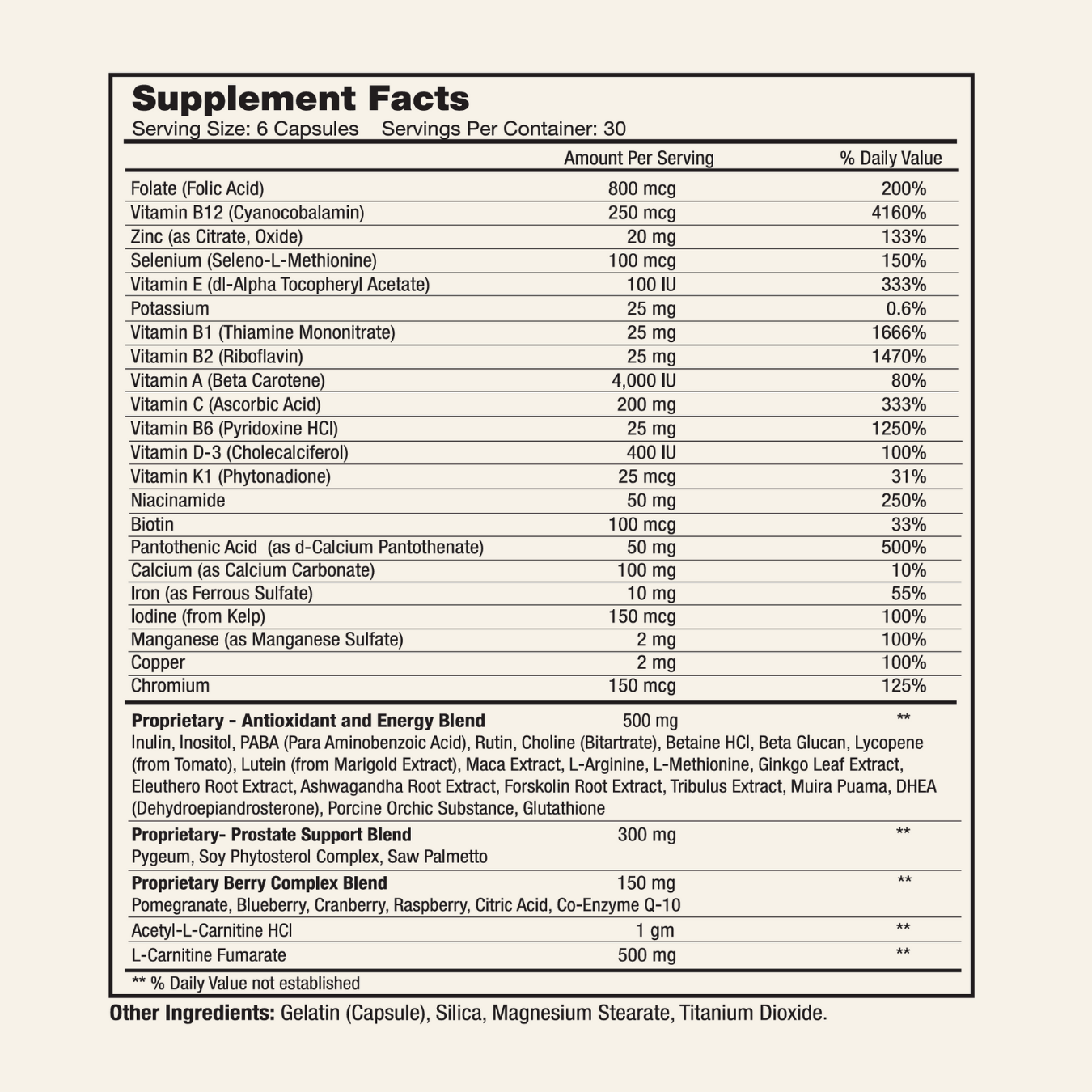 Naturally Smart For Men supplement facts label with detailed nutritional information on a white background