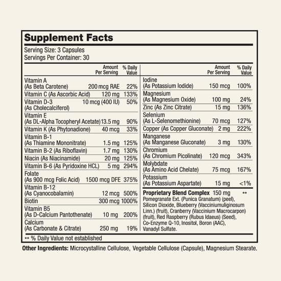 Naturally Smart For women supplement facts label with detailed nutritional information on a white background