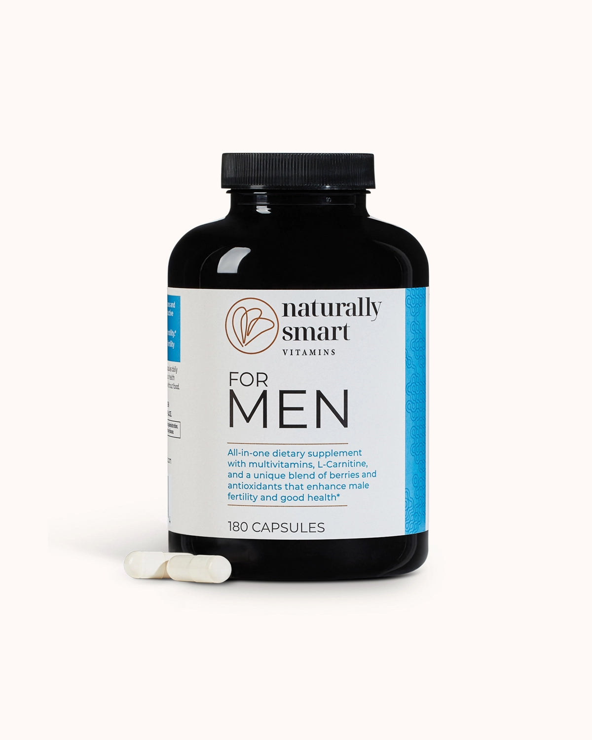 Front side view of the bottle of naturally smart for men showcasing two capsules side by side.