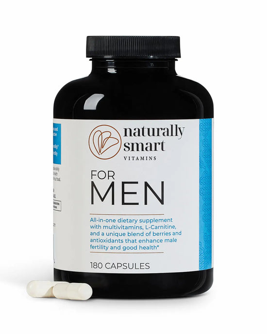 Front side view of the bottle of naturally smart for men showcasing two capsules side by side. 