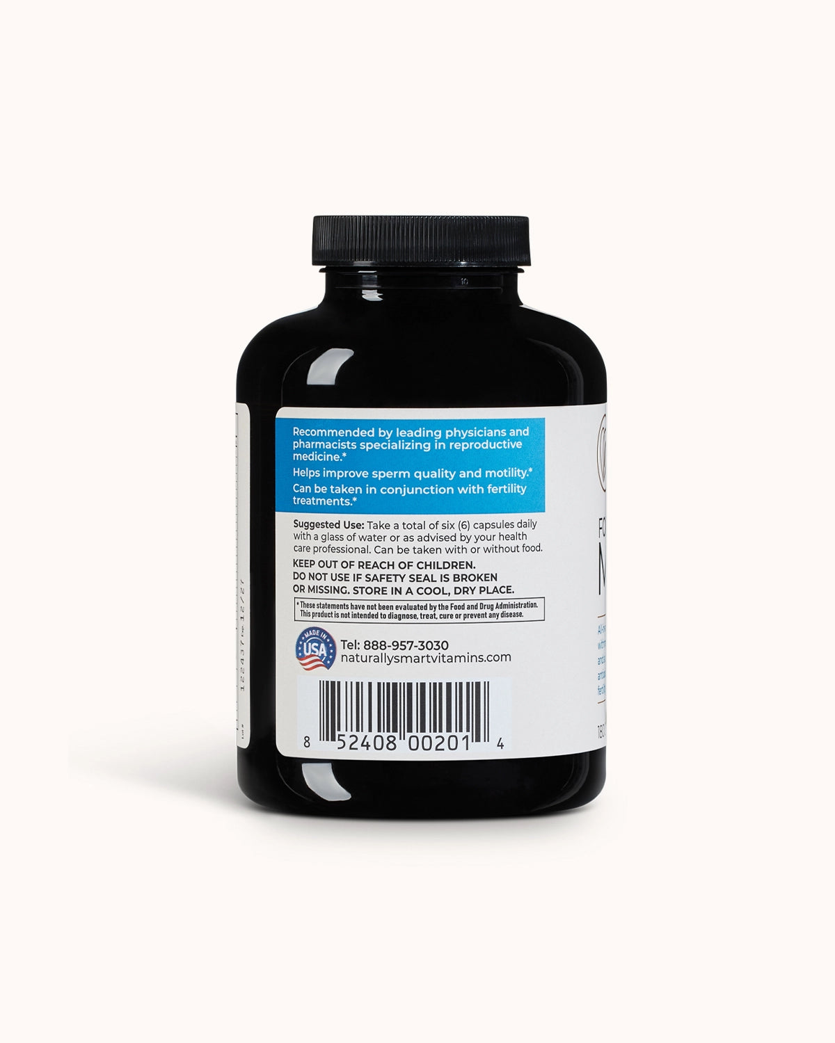 Bottle of naturally smart for men showcasing the side of the bottle of suggested use.