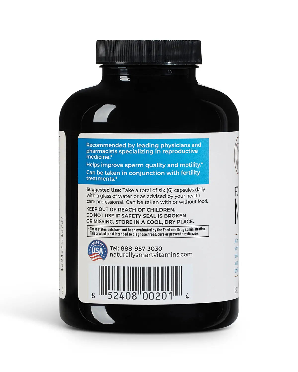 Bottle of naturally smart for men showcasing the side of the bottle of suggested use.