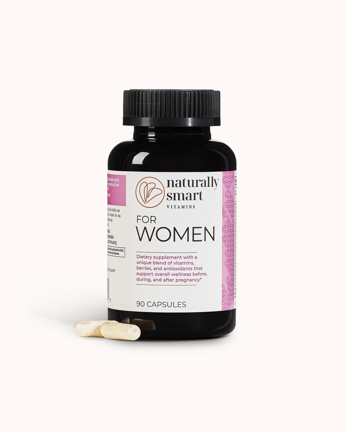 Front side view of the bottle of naturally smart for women showcasing two capsules side by side.