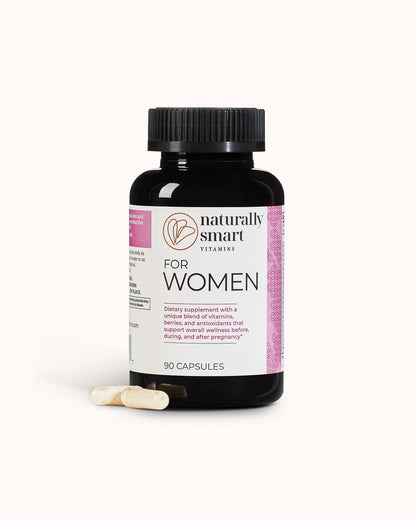 Front side view of the bottle of naturally smart for women showcasing two capsules side by side.