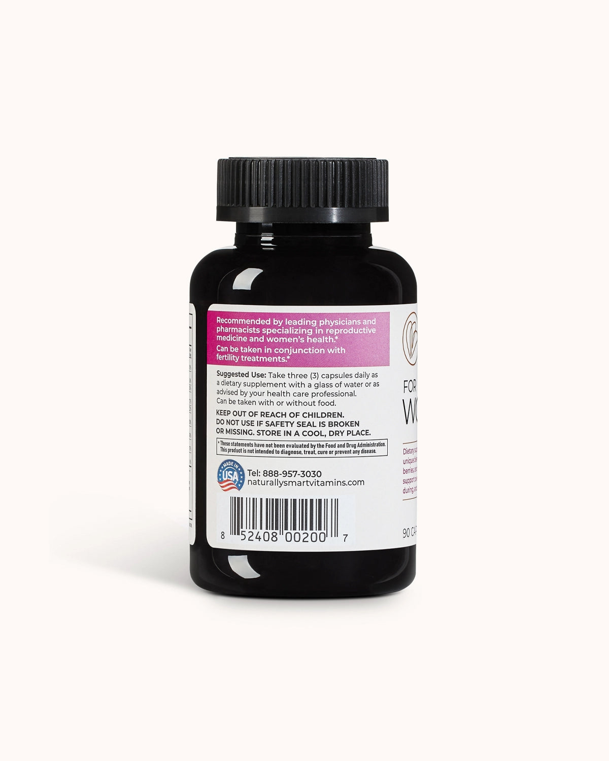 Bottle of naturally smart for women showcasing the side of the bottle of suggested use.