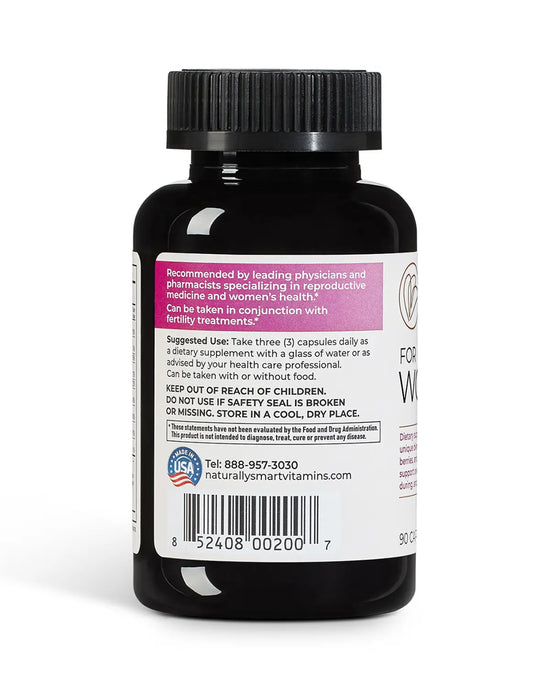 Bottle of naturally smart for women showcasing the side of the bottle of suggested use.