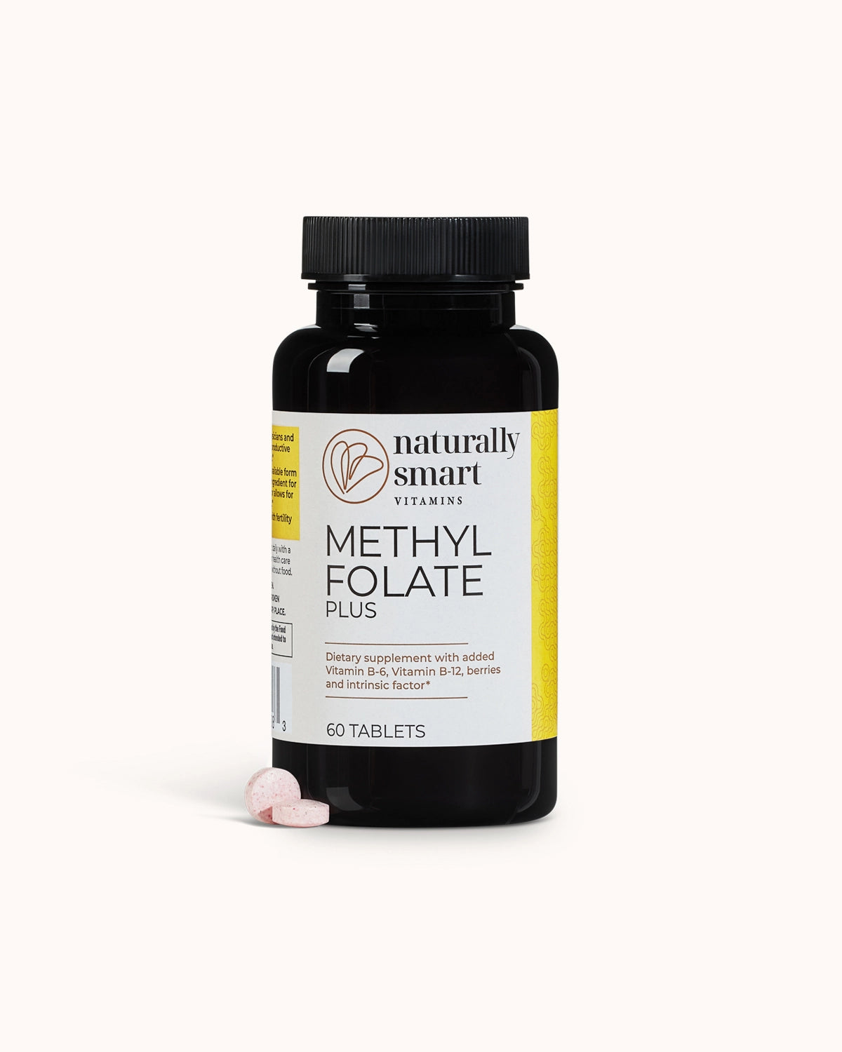 Front side view of the bottle of naturally smart methylfolate plus showcasing two tablets side by side.