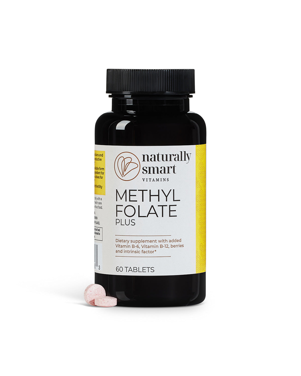 Front side view of the bottle of naturally smart Methylfolate Plus showcasing two tablets side by side.