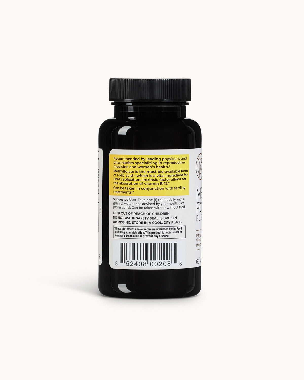 Bottle of naturally smart methylfolate plus showcasing the side of the bottle of suggested use.