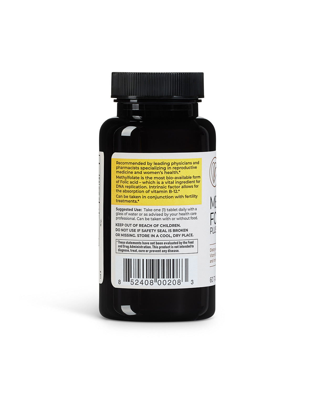 Bottle of naturally smart Methylfolate Plus showcasing the side of the bottle of suggested use.