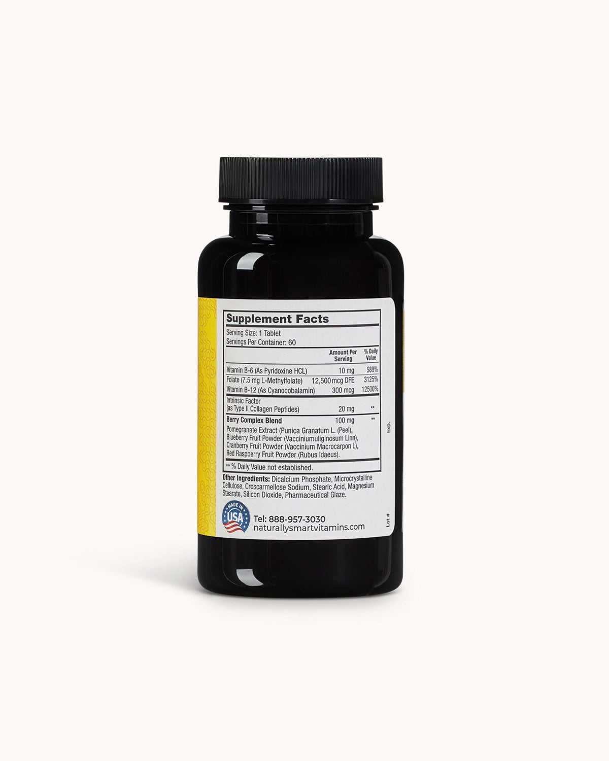 Bottle of naturally smart methylfolate plus showcasing the supplement facts label.