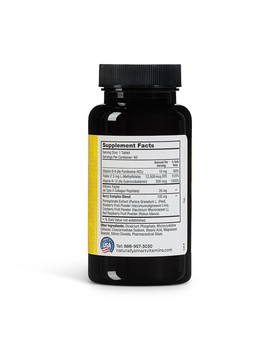 Bottle of naturally smart Methylfolate Plus showcasing the supplement facts label.