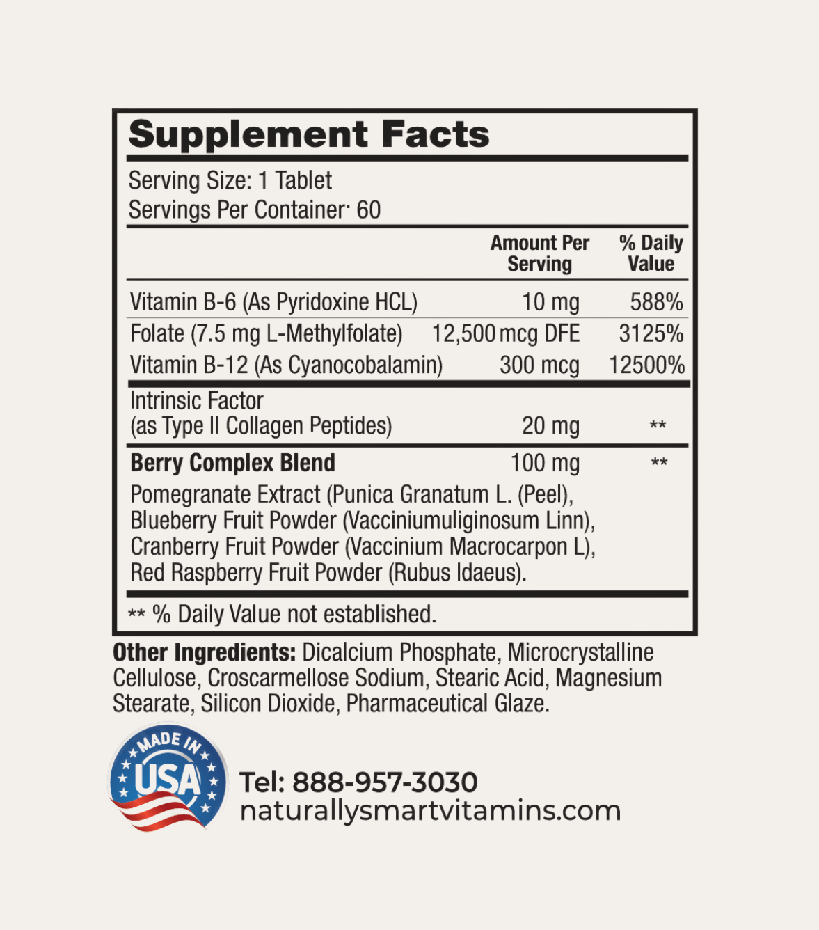 Naturally Smart Methylfolate Plus supplement facts label with detailed nutritional information on a white background.
