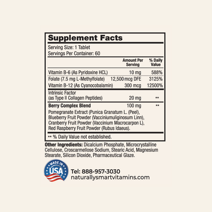 Naturally Smart Methylfolate Plus supplement facts label with detailed nutritional information on a white background.