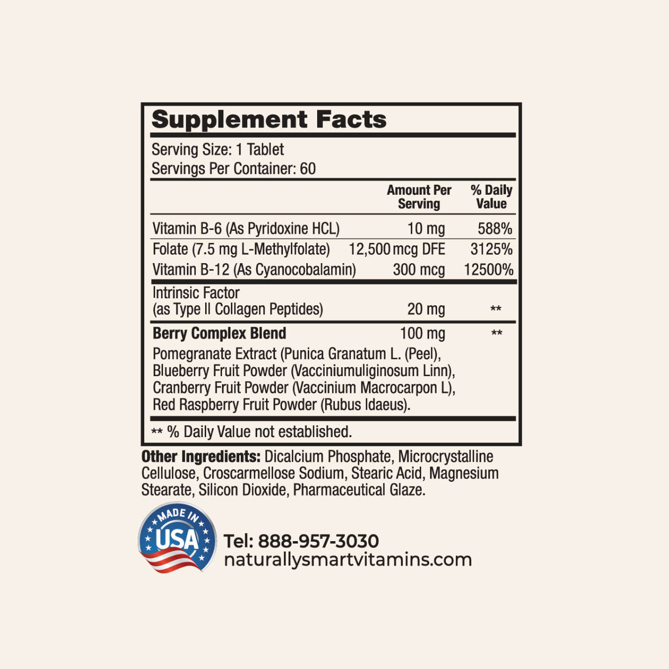 Naturally Smart Methylfolate Plus supplement facts label with detailed nutritional information on a white background.