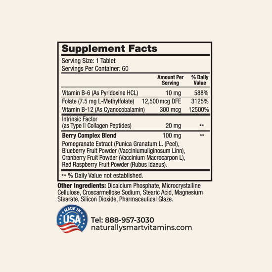 Naturally Smart Methylfolate Plus supplement facts label with detailed nutritional information on a white background.