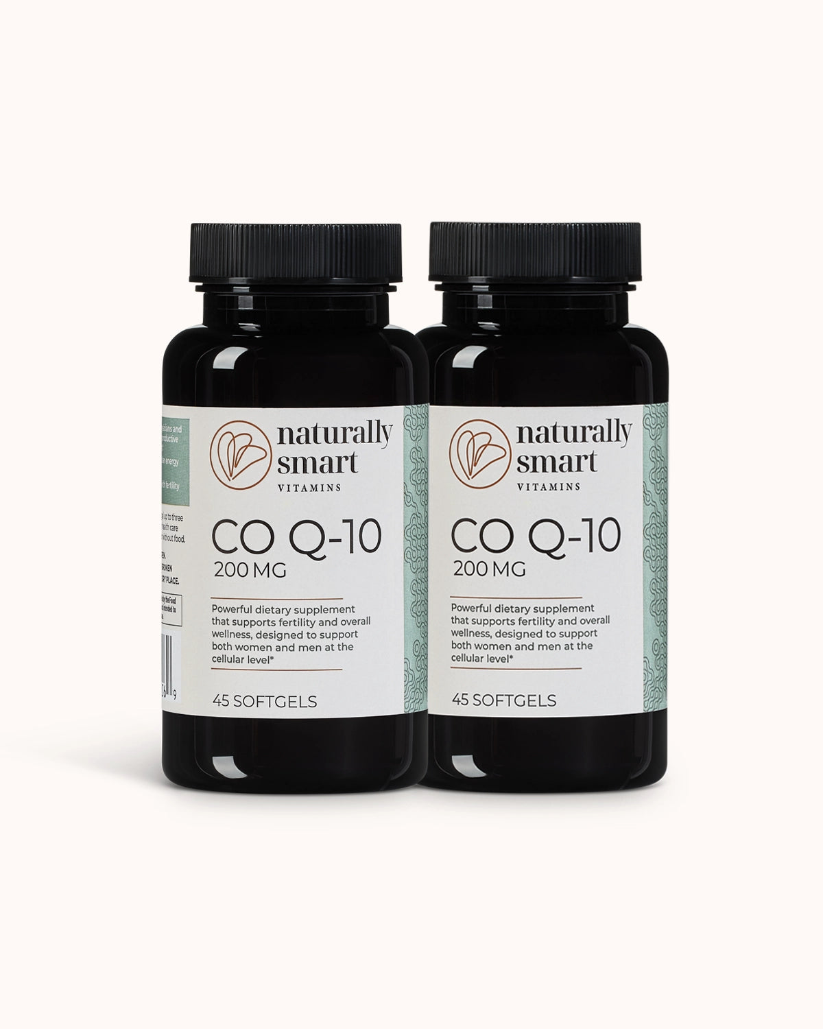 Two bottles of Naturally Smart Co Q-10 supplement on a white background