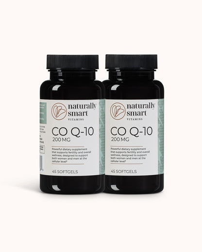 Two bottles of Naturally Smart Co Q-10 supplement on a white background