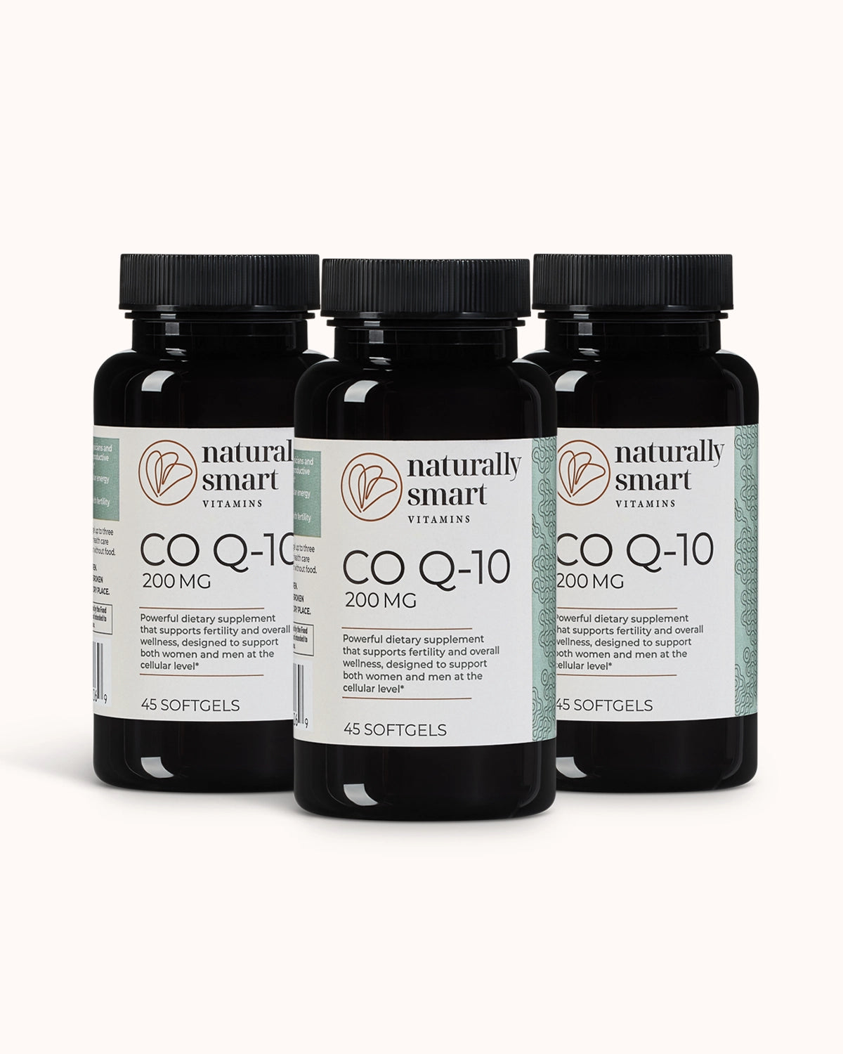 Three bottles of Naturally Smart Co Q-10 supplement on a white background
