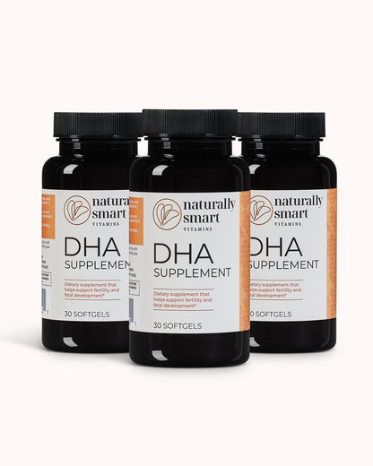 Three bottles of Naturally Smart DHA Supplements on a white background