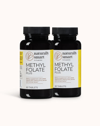 Two bottles of Naturally Smart MethylFolate Plus on a white background