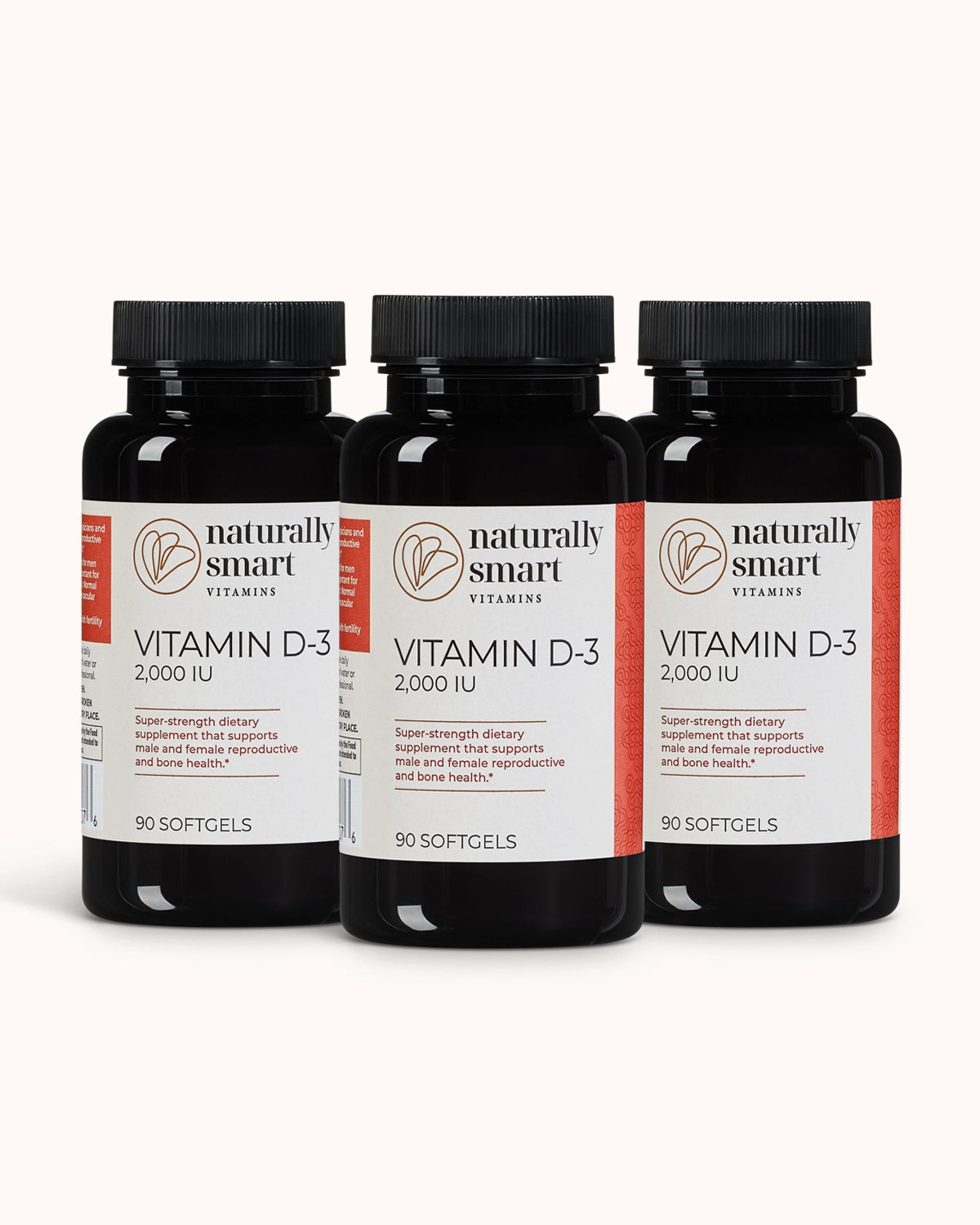 Three bottles of Naturally Smart Vitamin D-3 on a white background