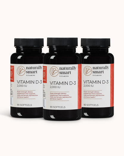 Three bottles of Naturally Smart Vitamin D-3 on a white background