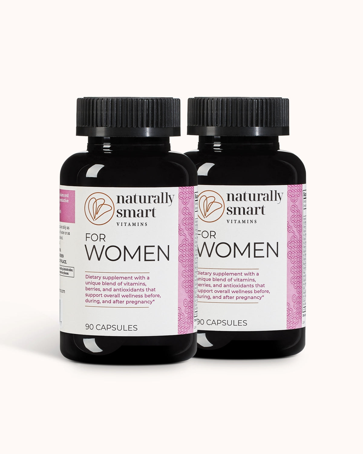 Two bottles of 'Naturally Smart' women's vitamins on a white background