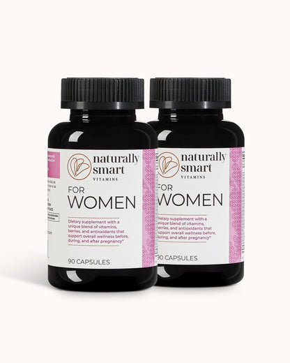 Two bottles of 'Naturally Smart' women's vitamins on a white background
