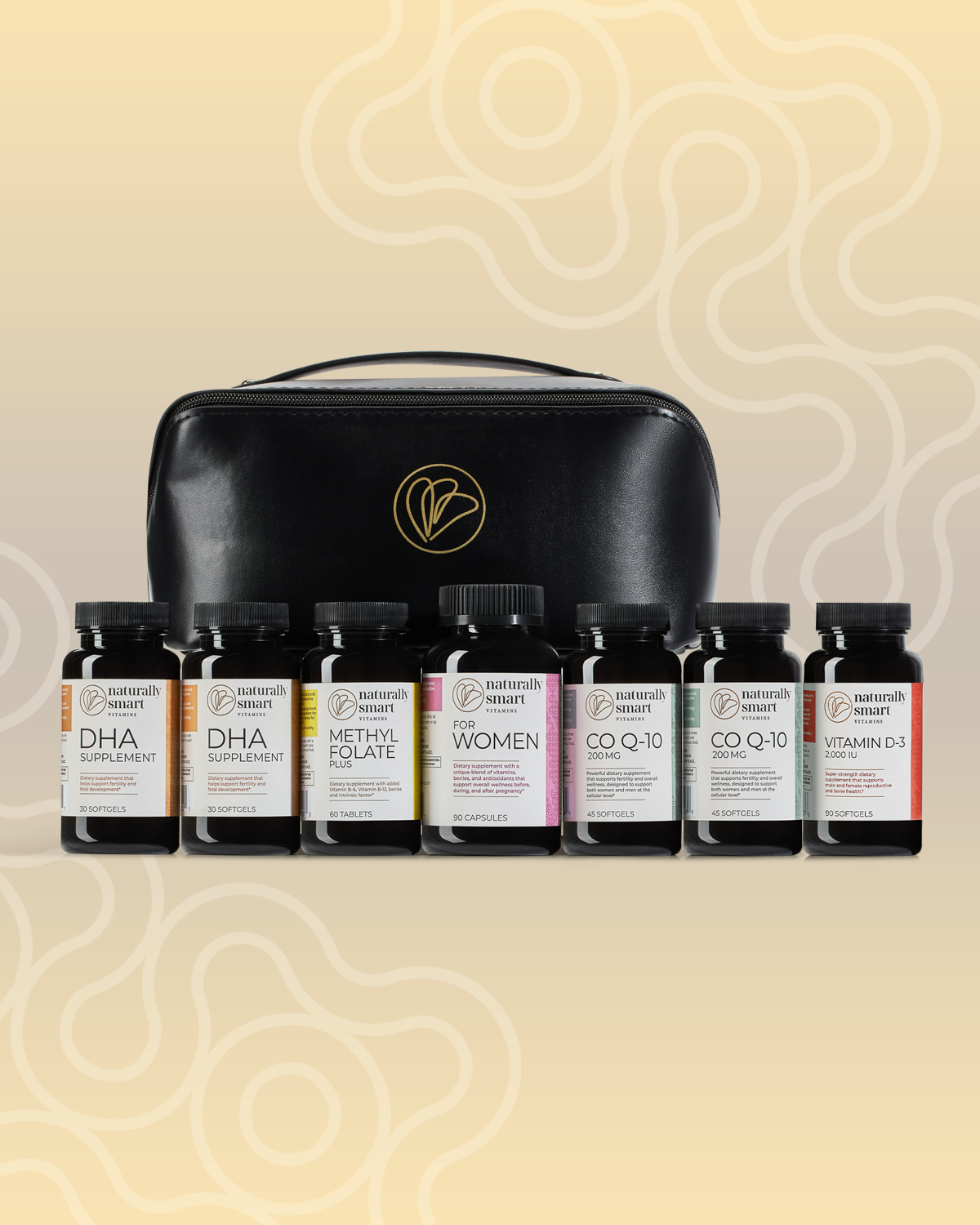 set of vitamins with black leather bag used for egg freezing